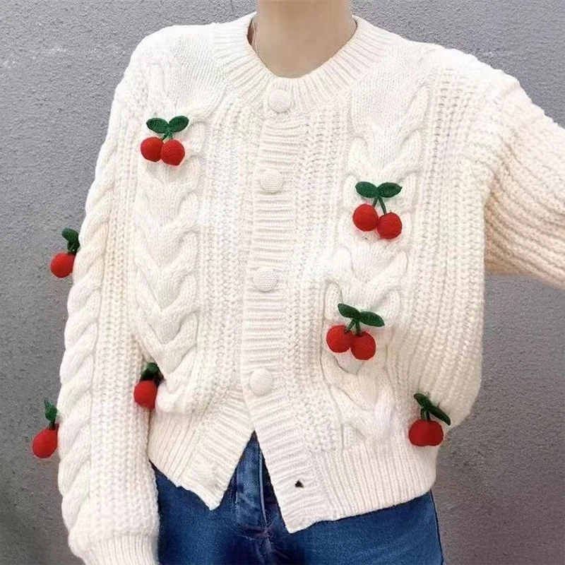 Women Cherry Sweater Cardigan Cute Cherries Pom Pom Cable Knit Button-Up Knit Coat Fall Winter Korean Kawaii Sweet Outfit
