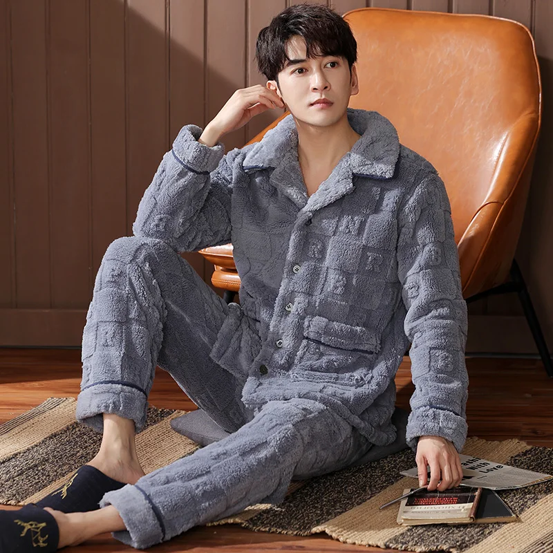 Plus Size M-4XL Men Pajamas Set Winter Thick Warm Flannel Pyjama Male Long Sleeve Turn-down Collar Solid Sleepwear