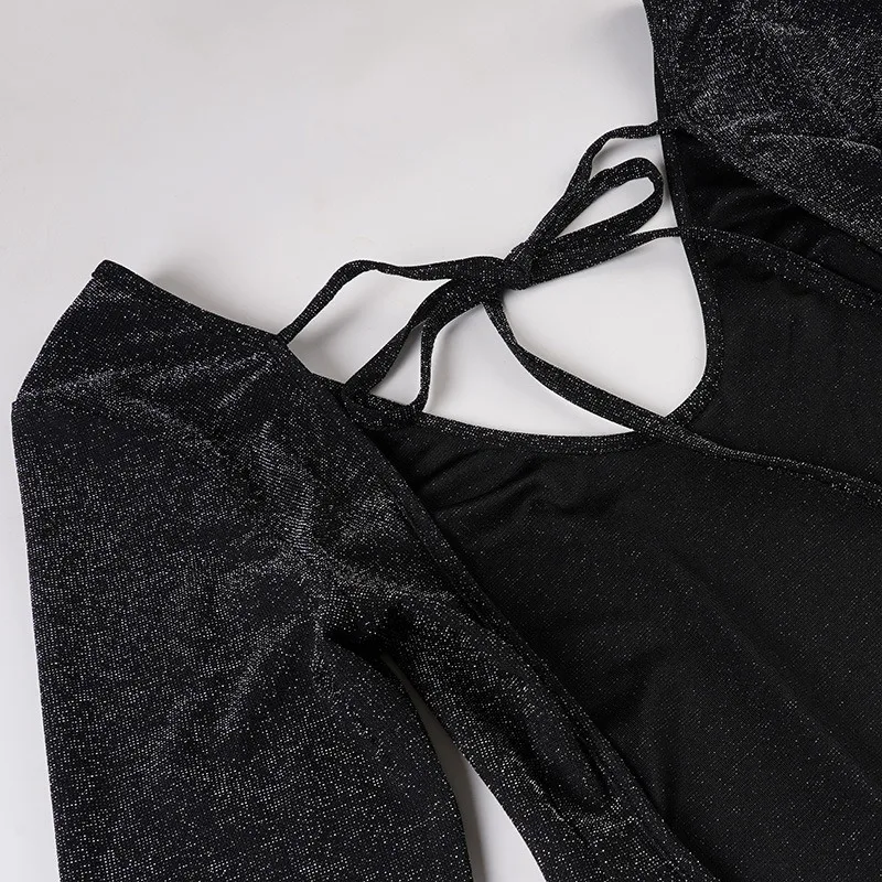 Lantejoulas de malha de seda maxi vestido feminino elegante sexy decote em v manga alargamento rendas até sem costas bodycon festa longo robe roupas de férias