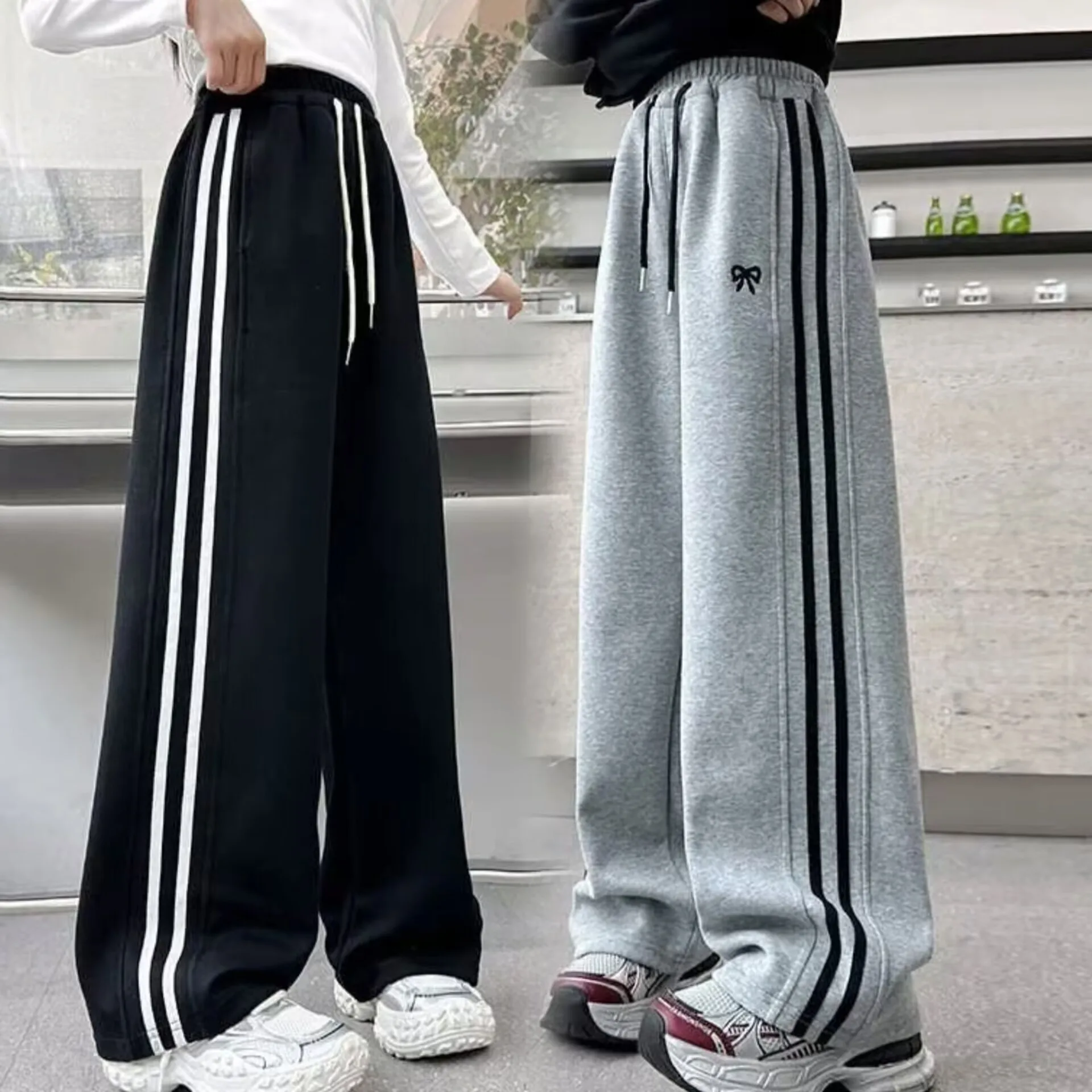 RAISE Junior Girl Sport Pant Spring Bow Elastic Wiast Baby Girl Sweatpant Side Stripe Pure Cotton Striaght Pant For 4-14Y Girl