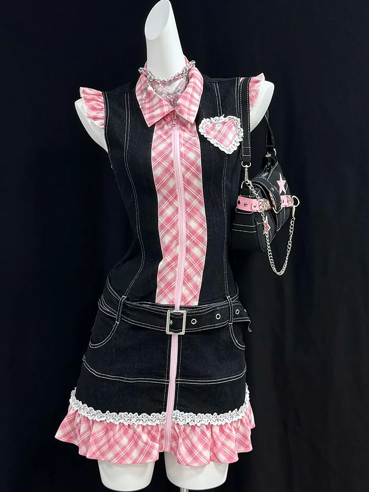 Original Retro Y2K Plaid Dr Schlankheits-Jeansrock Damen Faion Summer Ort Sve A-Linie Dr Vintage Feel