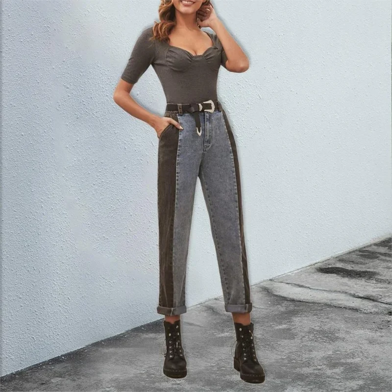 2023 Women High Waist Harem Straight Denim Pants Mom Fall New High Street Blue Black Patchwork Colorblock High Quality Trousers