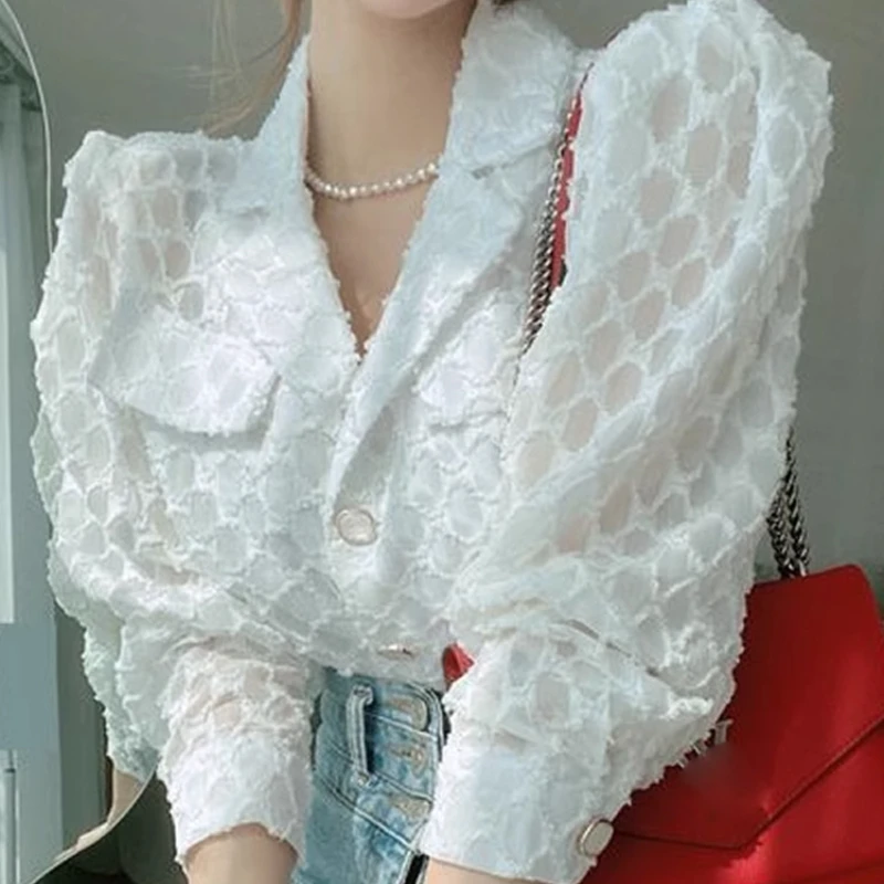 Puff sleeve Top Women Spring 2024 New French sle Chic Suit Collar White Shirts  Design Shirt Z195