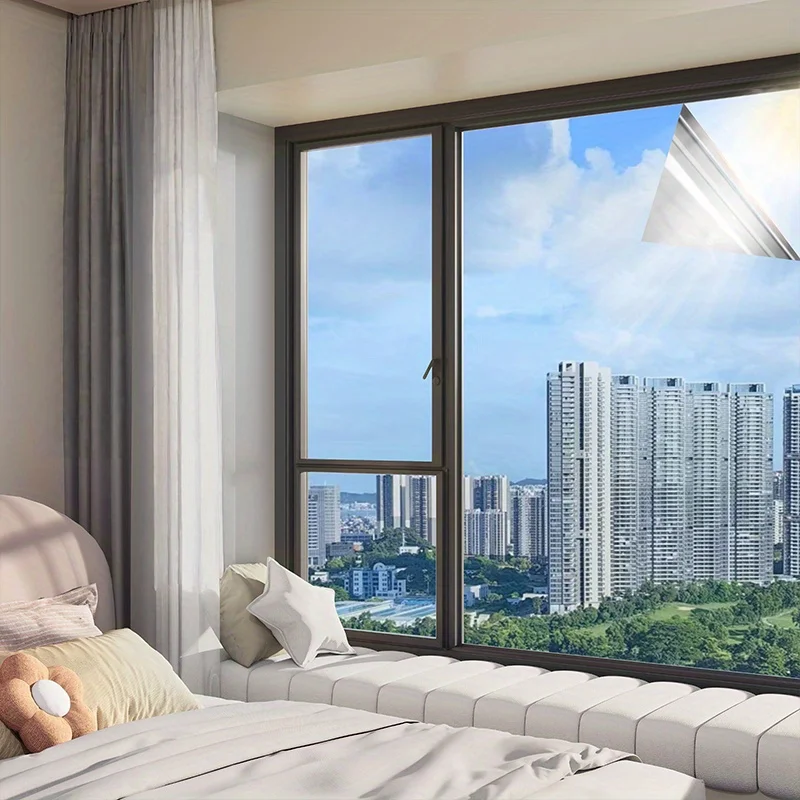 Silver Reflective Privacy Window Film Heat Control Sun Block Static Cling Removable for Home Office Glass