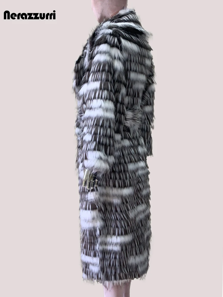 Nerazzurri Autumn Winter Long Thick Warm Colorful Multicolored Shaggy Faux Fox Fur Coat Women Sashes Luxury Furry Overcoat 2025