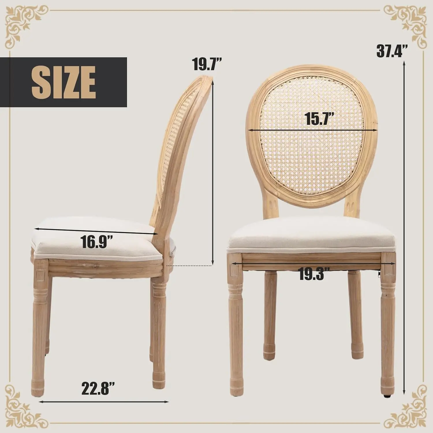 Beige French Dining Chairs with Round Back and Wood Legs for Kitchen and Bedroom, Perfect for Farmhouse Country Decor
