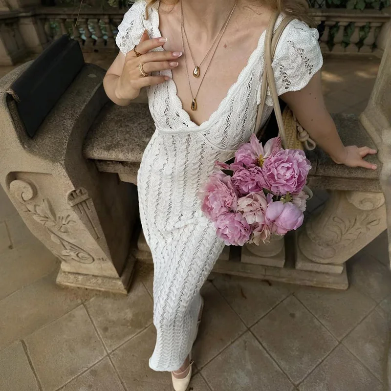 

Tornova Ruffled Knitted Long Dress For Women Sexy V neck Backless Dress New Slim Hollow Summer Vacation Party Clothes High Waist