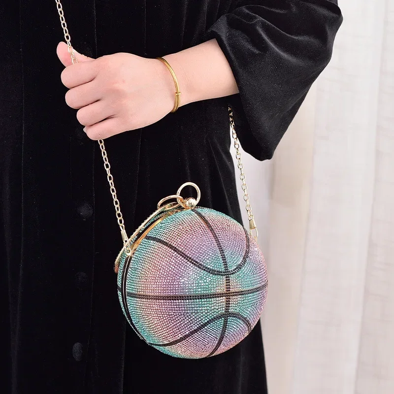 

New Color Basketball Dinner Bag Round Full Diamond Portable Gradual Change Color Evening Bag Ladies Clutch Lock Dinner Bags