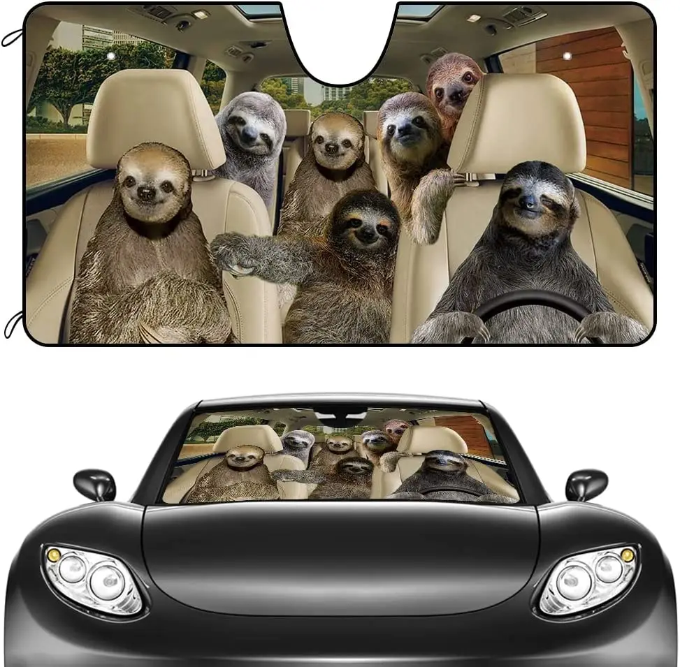 CafeTime Car Front Windshield Sunshade Cute Sloth Decor Vehicle Sun Shade Visor UV Ray Reflector Sun Protector, Keep Vehicle Coo