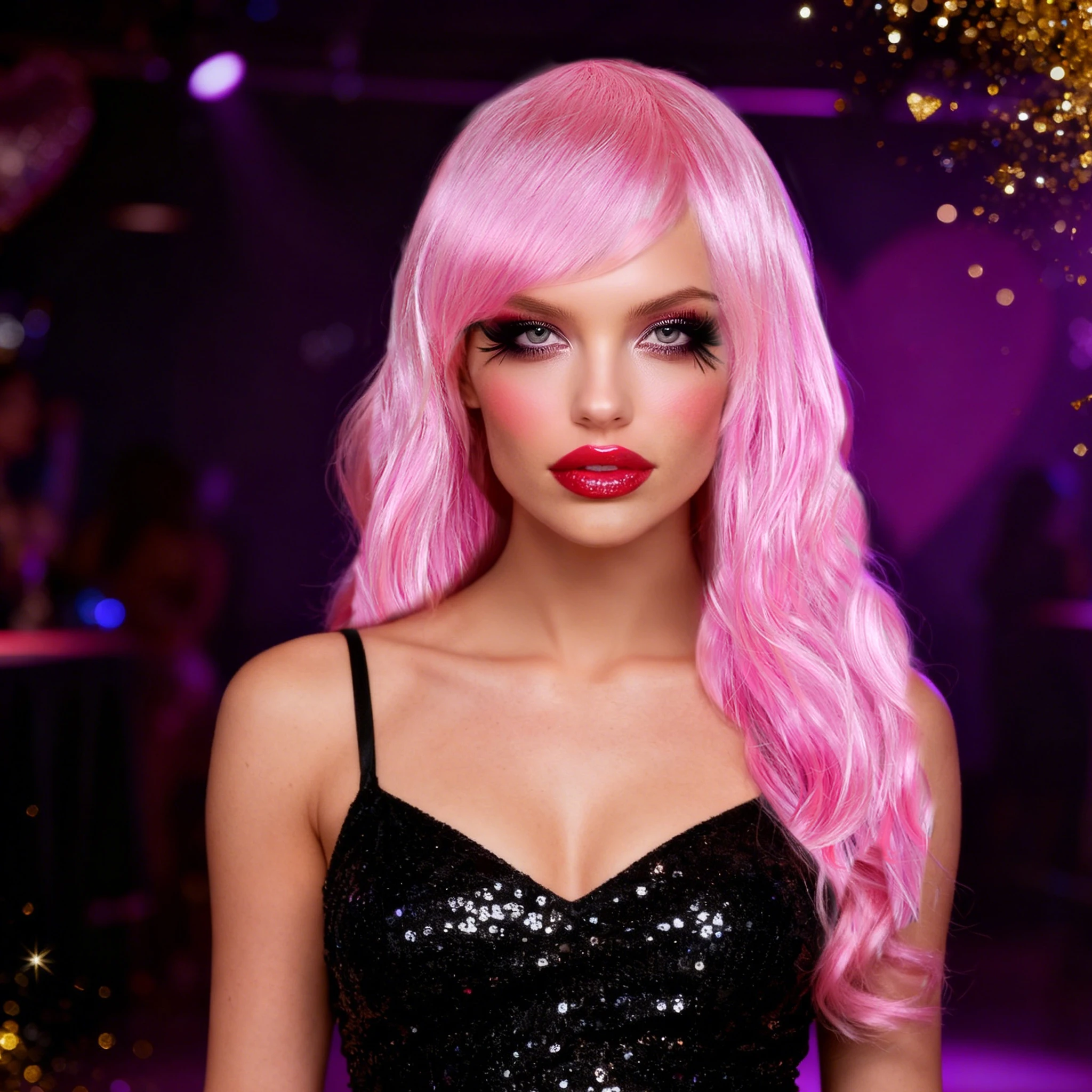 Pink Long Wavy Synthetic Wig with Side Bangs for Women Valentine's Day Party Romantic Date Cosplay Events Stylish Hair Accessory