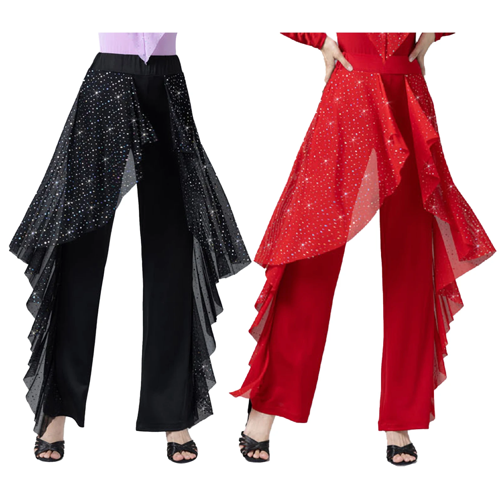 

Women's Latin Dance Costume Pants Sequined Ruffles Trousers for Rumba Tango Salsa Ballroom Dance Practice Performance Bottoms