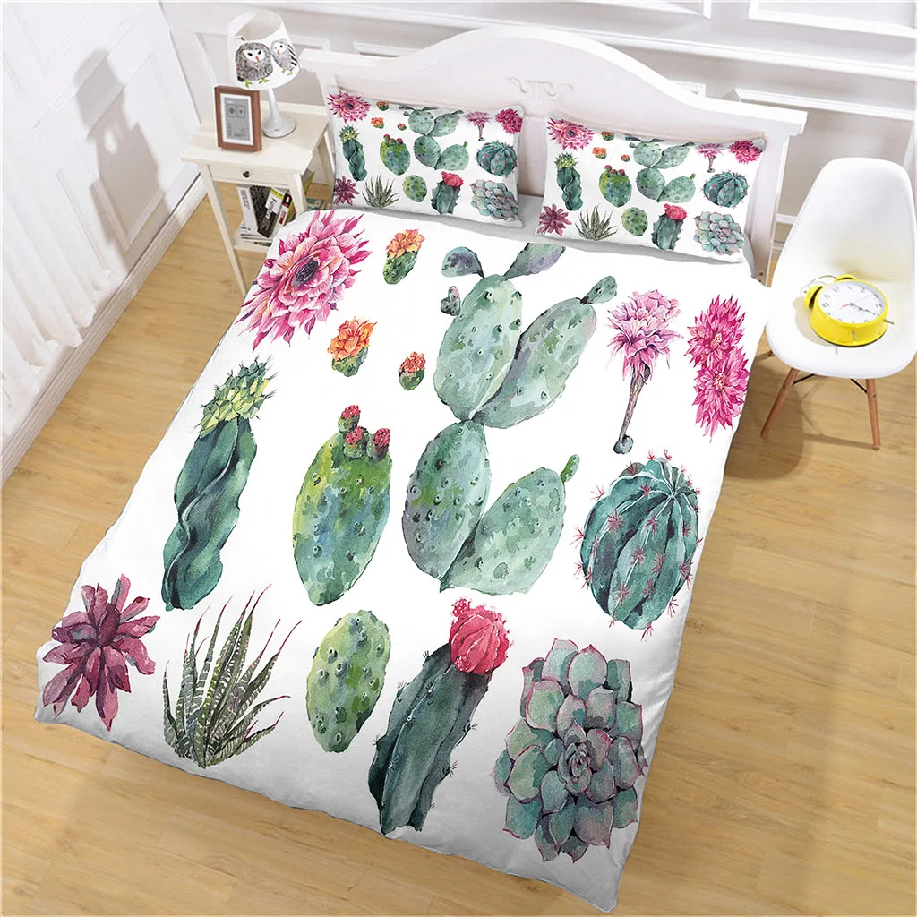 Duvet Cover 1 Person Plant Green Cactus 3D Quilt Cover Bedding Set + 2 Pillowcase Full Double Bed Set Bedroom Decoration