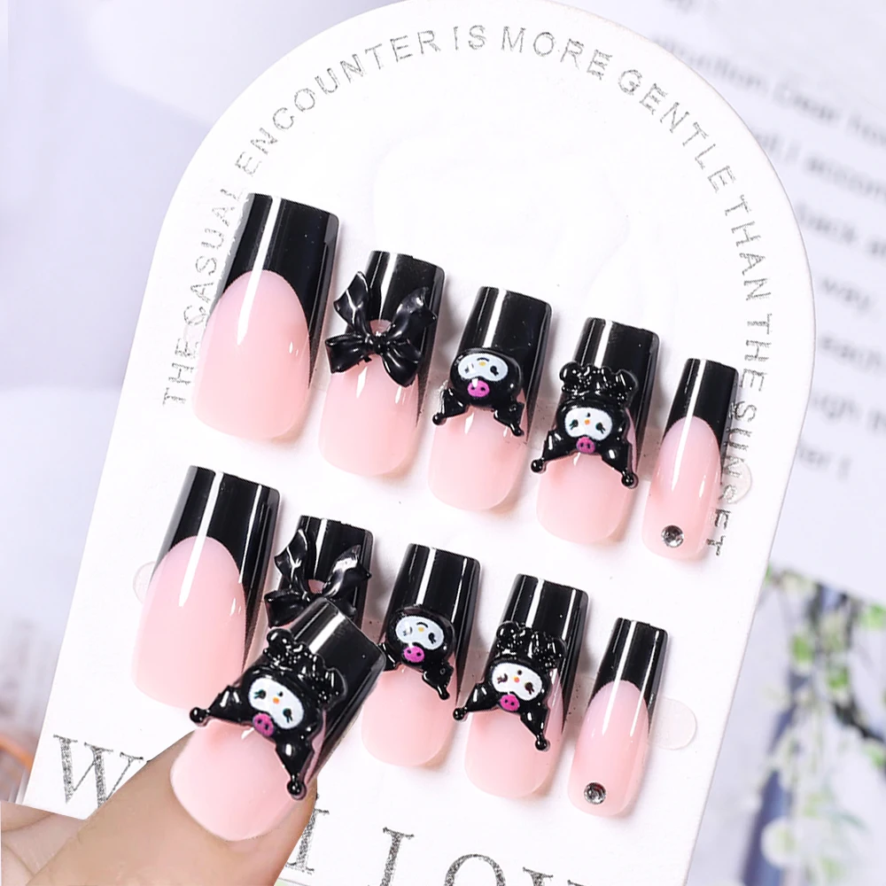 24pcs black kuromi bow french Press On Nails Y2K Sanrio Cute Cartoon Fake nails 3D Hello Kitty Cinnamoroll Girl False Nail Patch