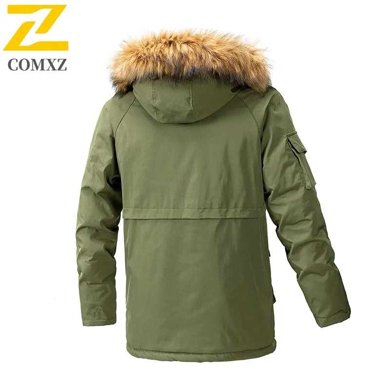 COMXZ 2025 Mens Korean Thickened Fleece Long Winter Jacket American Style Waterproof And Windproof Leisure Outdoor Sports Coat