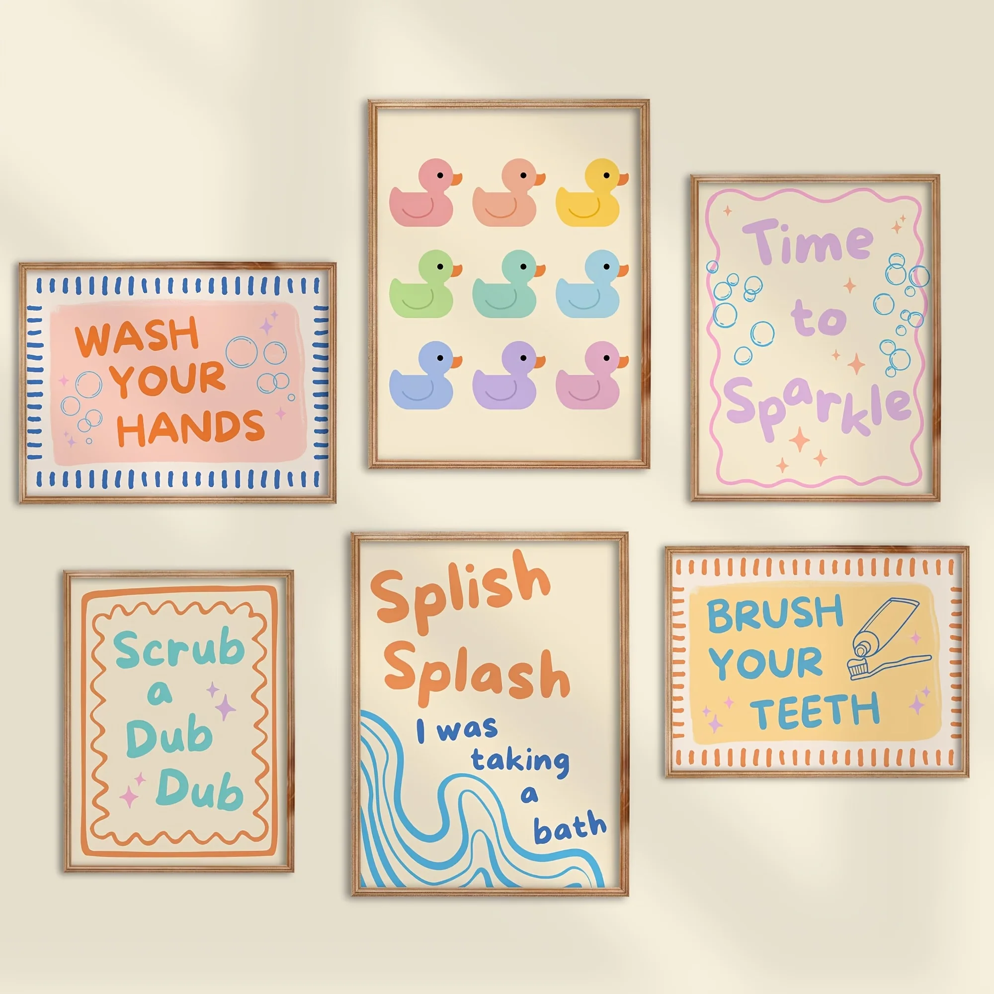 1/6pcs Cute Kids Bathroom Canvas Prints Poster Pastel Rubber Duck & Hygiene Quote Art Print Restroom Nursery Wall Art Home Decor
