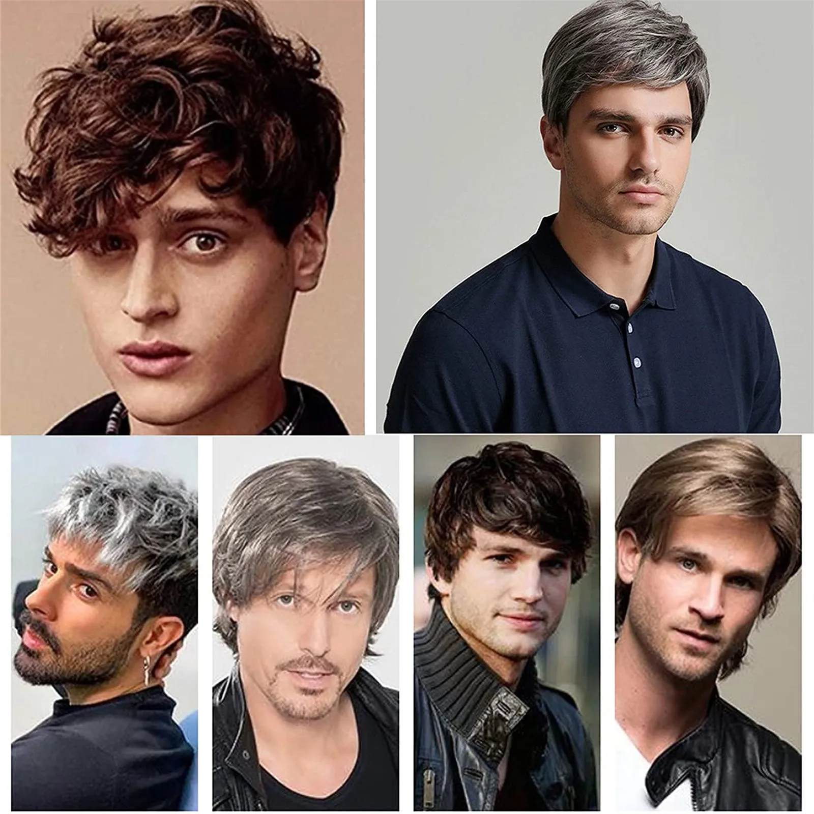 Short Wig Men Synthetic Curly Wig with Bangs Natural Brown Hair Korean Style Mature Male Wig Charm Fluffy Daily Cosplay Party