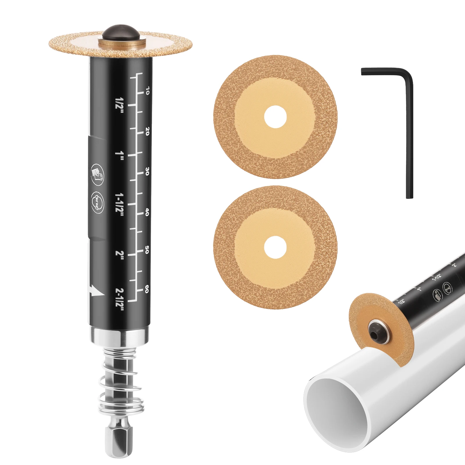 

Труборез с ударным соединением, резак из ПВХ, алмазная зернистость, отрезной круг 2-1/2 дюйма, глубина резки 1/4 дюйма, шестигранный хвостовик, диаметр 1,34 дюйма, сантехнический инструмент