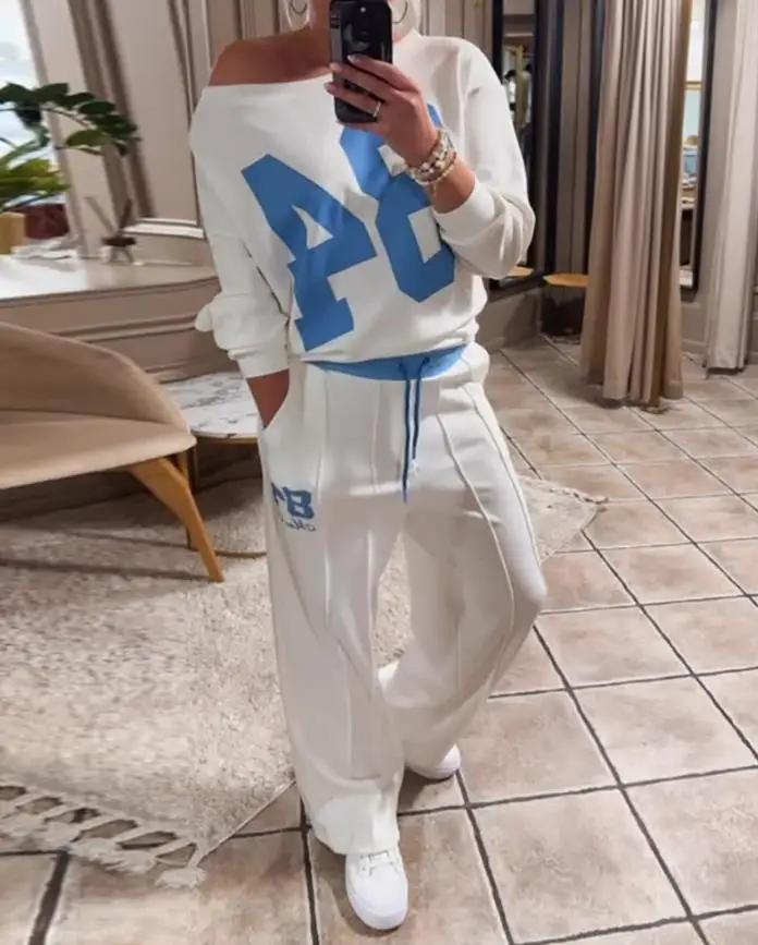 

Two Piece Set Women Outfit 2025 Spring Letter Print Long Sleeve Pullover Sweatshirt & Casual Drawstring Wide Leg Pants Set