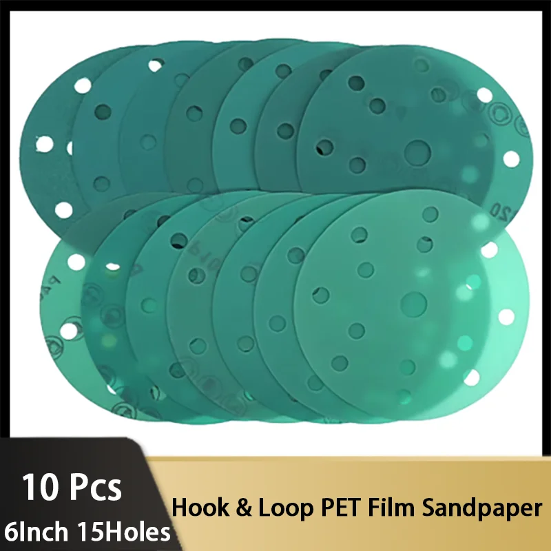 6 Inch 15 Hole Sanding Discs 10 Pcs PET Film Premium Hook and Loop Heavy Duty Sandpaper 60-2000 Grit for Random Orbital Sanders