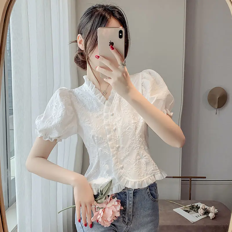 

Summer French V-Neck Ruffle Puff Sleeve Jacquard Blouse Women's Short Top
