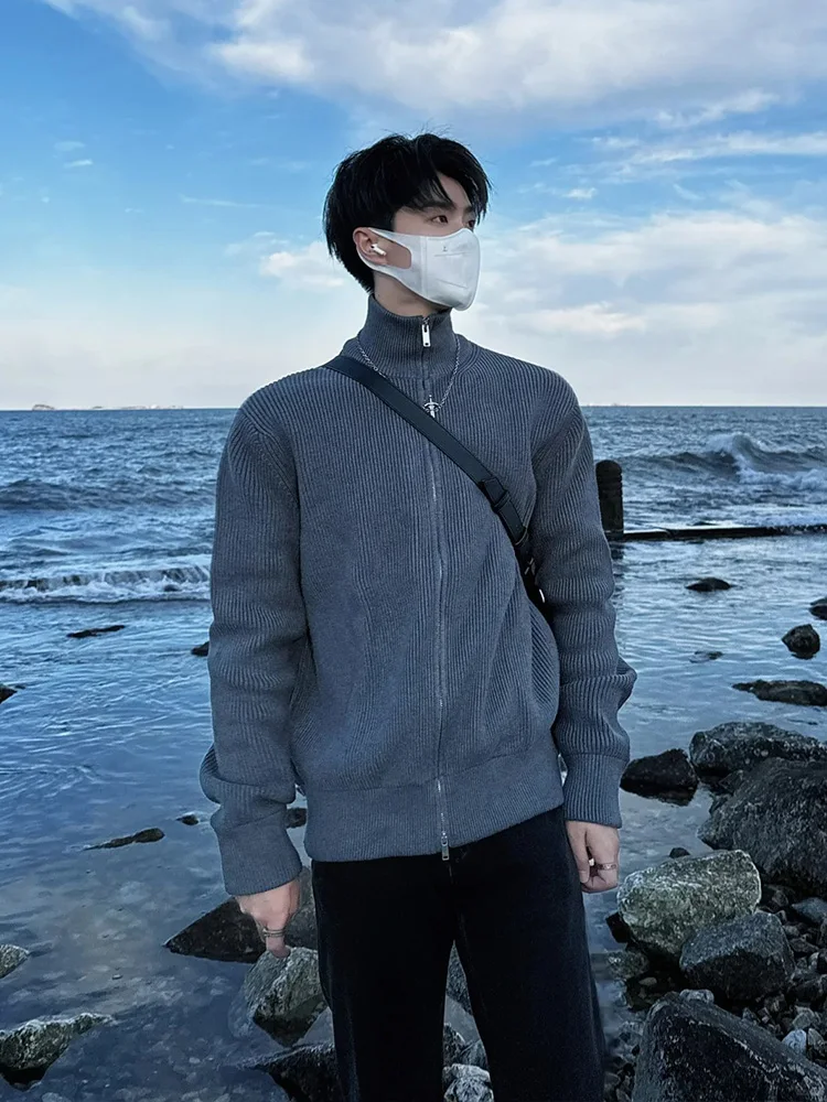 

Мужской вязаный кардиган в американском ретро-стиле с воротником-стойкой, на молнии, для осени и зимы, в стиле Lazy Fashion, премиум-класса