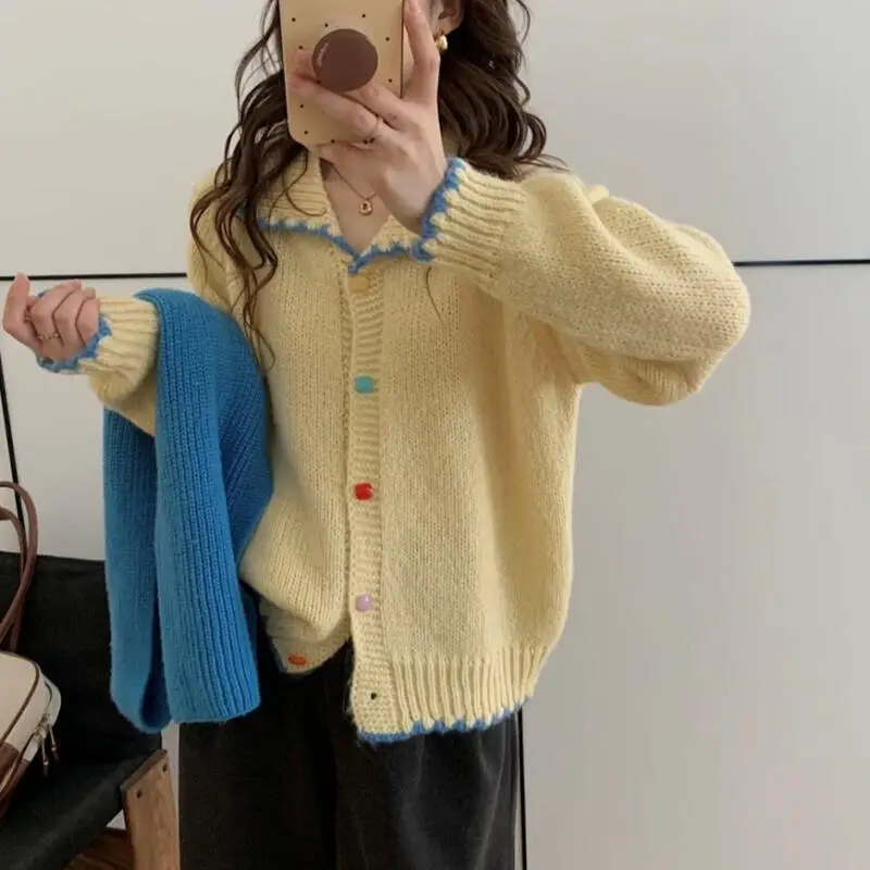 

Autumn Winter Girl's Sweater Pullover Women's Knitted Cardigan Hooded Hook Flower Colored Buckle Thick Soft Zipper Knitwear Coat