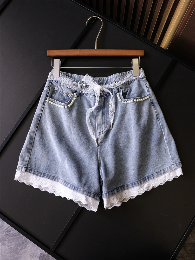 Color Block Lace Trim Belted Beaded Pocket Shorts Summer New Style Youthful Denim Pants Women's Shorts High Waist Wide Leg Jeans