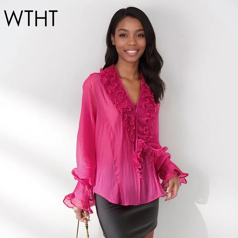 

WTHT 2022, осенняя новая модная женская рубашка с рюшами и v-образным вырезом, модная свободная повседневная блузка с длинными рукавами, женская 1LS2634