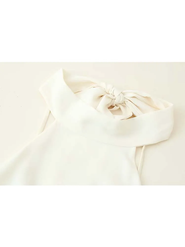 2025 보우 홀터 백리스 드레스 벨트 포함 여성용 롱 드레스 여름 플리츠 우아한 신상 여성 파티 드레스