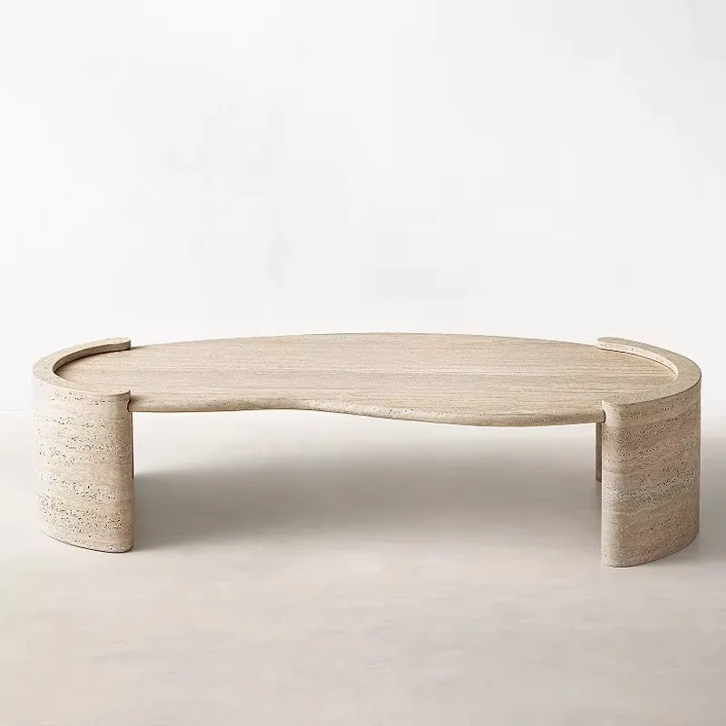 طاولة قهوة من الرخام الترافرتين الاسكندنافي Wabi-Sabi بحجم قابل للتخصيص طاولة زاوية مستديرة لأثاث المنزل في غرفة المعيشة