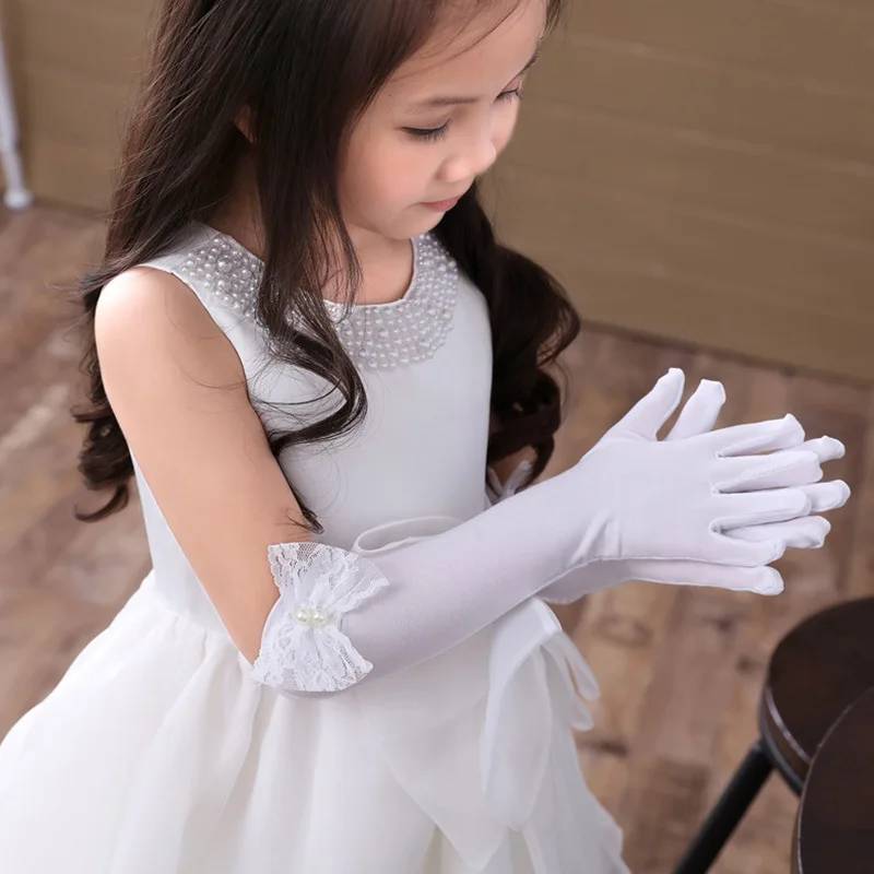 Princess Flower Girl Long Wedding Gloves Evening Party Kids Glove Birthday Pearl Lace Bowknot Performance Gloves For Child