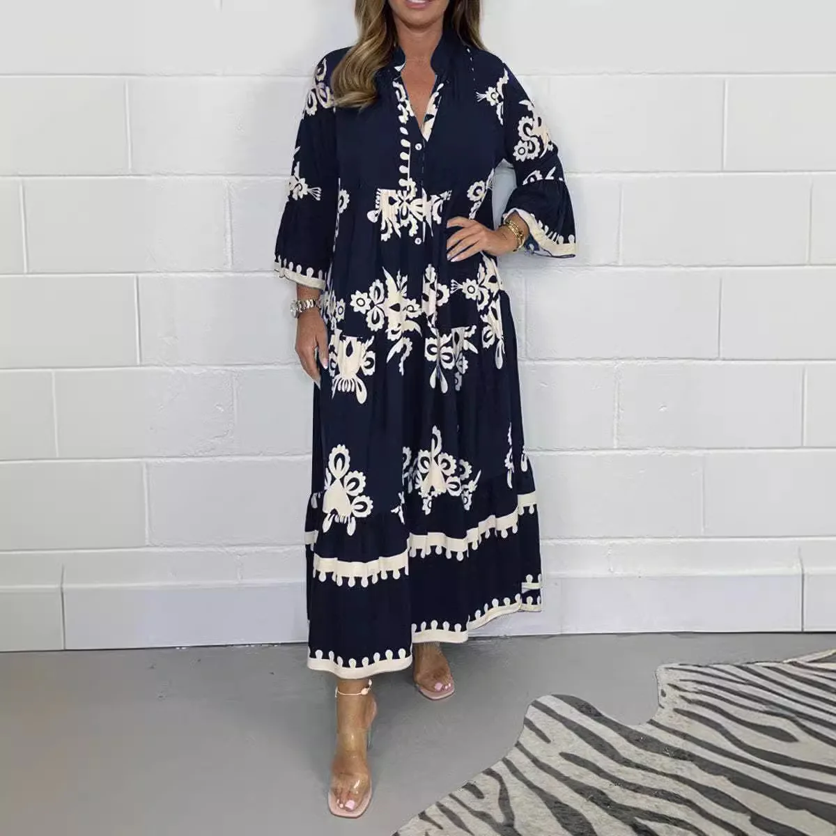 Robe décontractée à manches longues pour femmes, imprimé bohème, ample, col en v, Style confortable pour la maison, élégante, nouvelle collection automne 2025