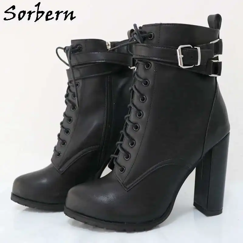 Sorbern Block High Heel Women Boots Ankle Straps Round Toe Hidden Platform Lace Up Shoes Chunky Heeled Short Booties Custom