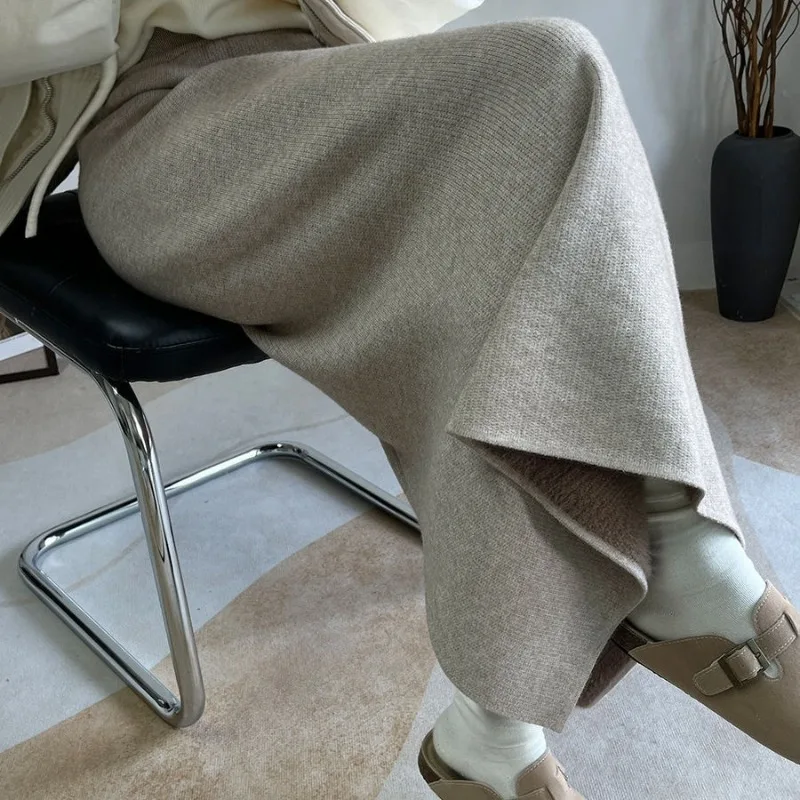 Korean Fashion High Waist Split Hem Knitted Maxi Skirt Autumn Winter Fleece Lined Loose Casual Straight Long Skirts for Women