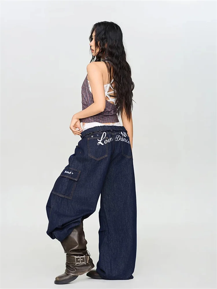 

Hip Hop Brand Vintage Navy Rose Print American Denim Pants Heavy Duty Cargo Street Style