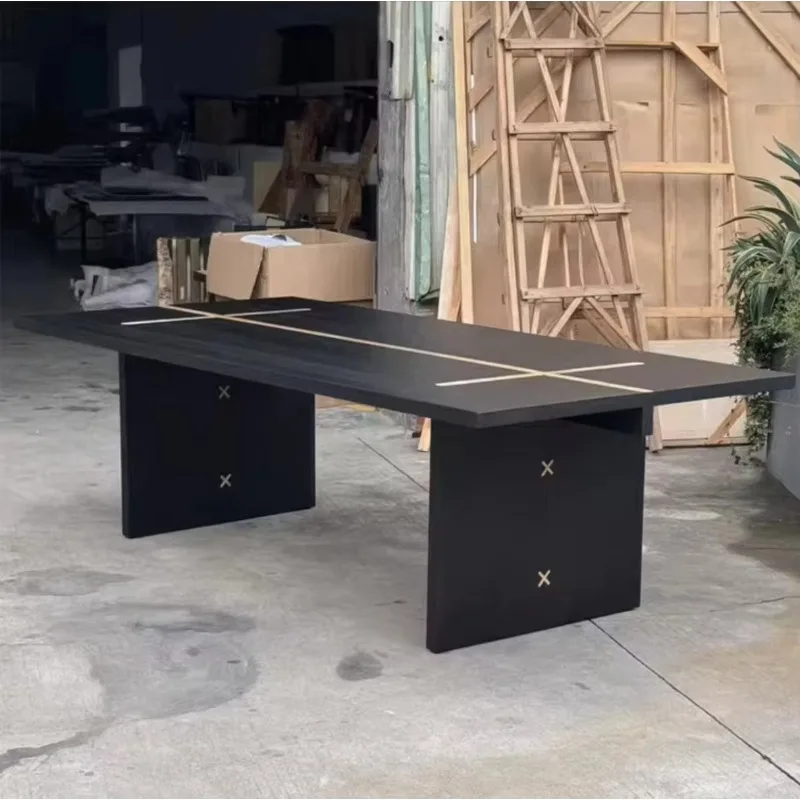 Modern style black solid wood long dining table, designer retro light luxury style daily family desk negotiation table