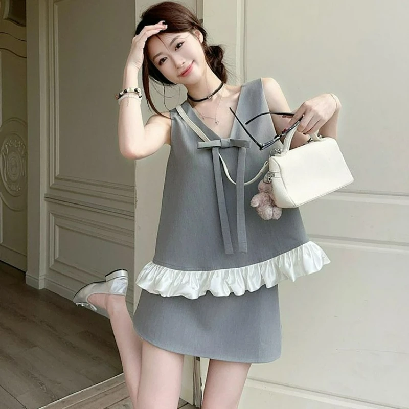 

2026 Summer New Fashion Elegant and Stylish Ladylike Two-piece Dress French Bow V-neck Color-blocking Vest Suit Skirt for Women