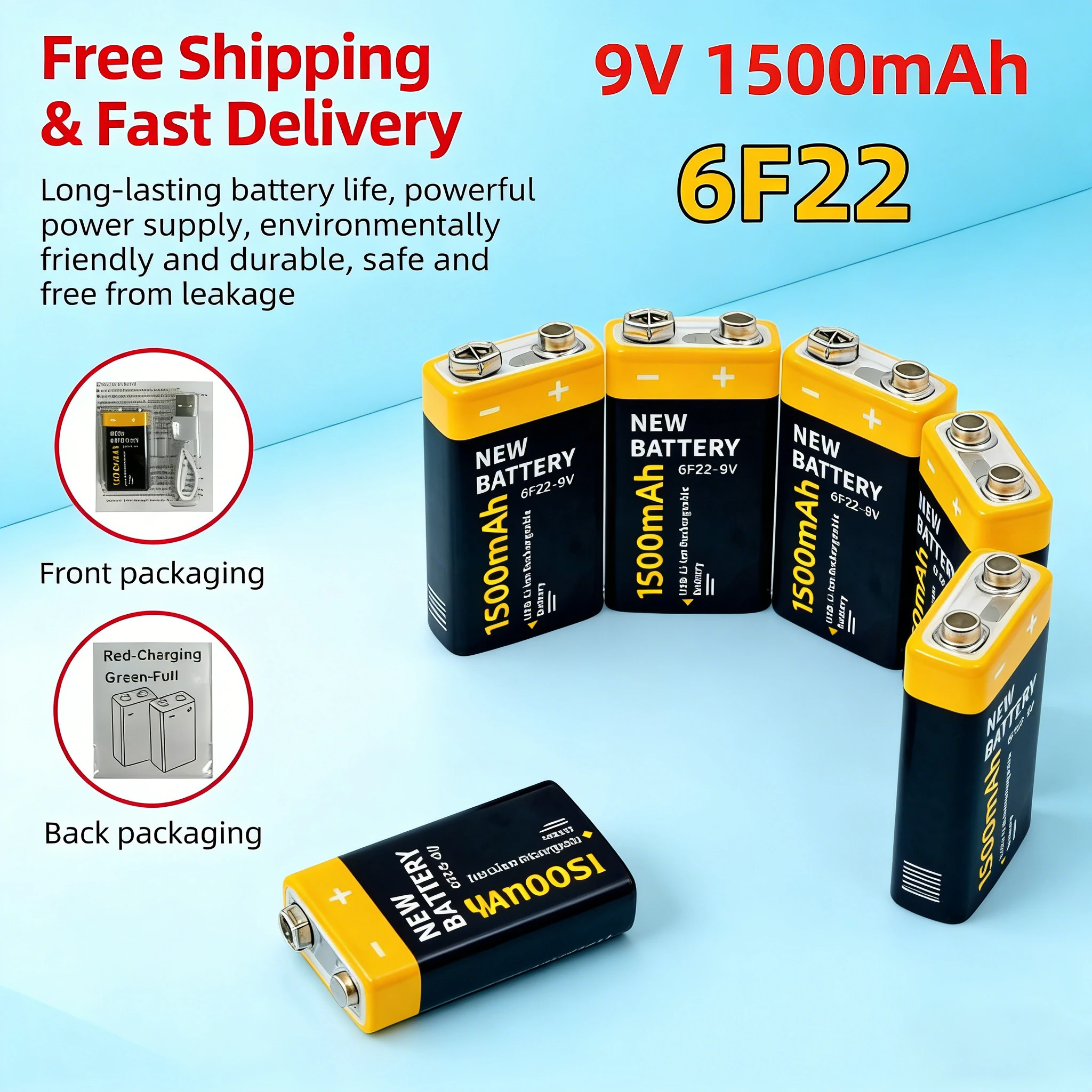 

USB Type-C Rechargeable 9V Lithium Battery 6F22, 1500mAh High Capacity Li-ion Battery for Wireless Mic, Guitar Pedal, Multimeter