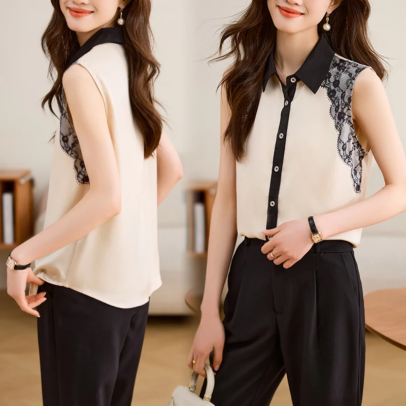 Simulated Silk  Shirt for Woman 2025 Summer Satin Women's Blouse Sleeveless Unique Womens Tops Korean Reviews Many Girls Clothes