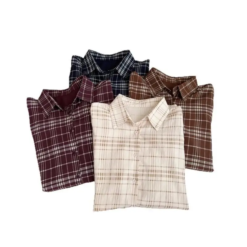 Camisa de rejilla retro azul para primavera y otoño para mujer, nuevo modelo de otoño, abrigo de manga larga de estilo francés, básico etéreo sofisticado informal