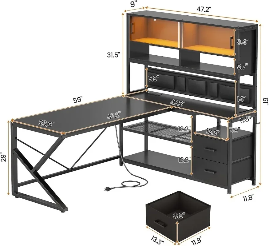 SEDETA L Shaped Gaming Desk, Home Office Computer Desk with 2 Drawer and Bookshelf, L Shaped Gaming Desk with LED Light