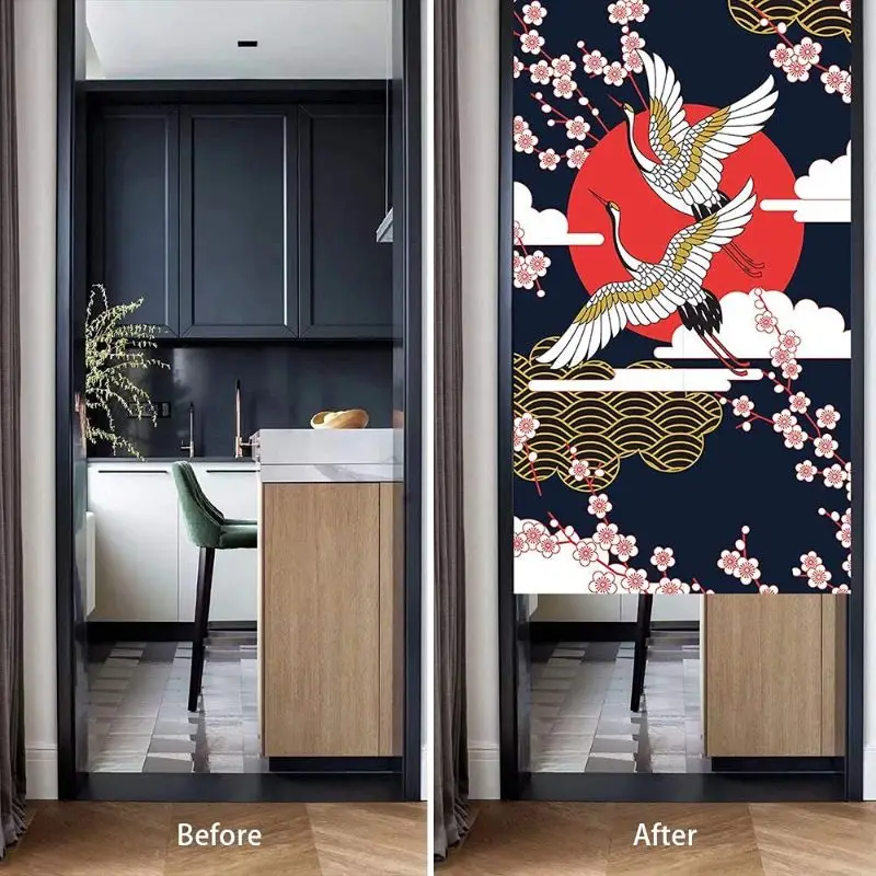 VIKAMA Japanese Crane Cherry Blossom Moon Half Door Curtain Light and Thin Wind Partition Hanging Curtain Bedroom Entrance Decor