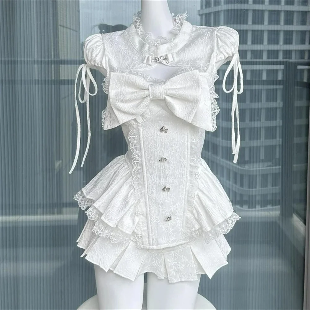 

Женские топы Kawaii с кружевом в стиле пэчворк и бантом, милые мини-юбки с тортом, костюмы, японский сладкий комплект с юбкой в стиле Лолиты, корейский комплект из 2 предметов Y2k