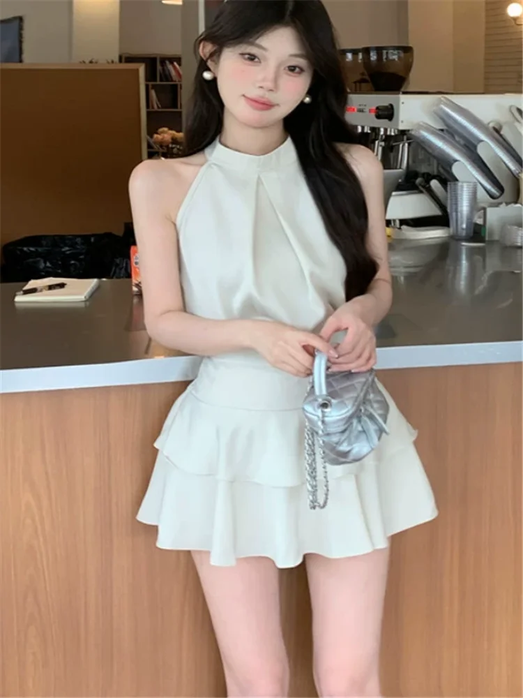 Black Apricot Satin Women Fashion 2 Pieces Sets New Summer Halter Shirt Top&A Line Mini Skirt Small Girl Two Pieces Dress Suits