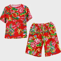 Chinese Style Northeast Big Flower Summer T-shirts Suits Mens Tracksuit Children's Clothing 2 Piece Set Kids Streetwear