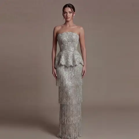 Robe de soirée deux pièces Sharon Said, scintillante, à sequins, à franges, à volants perlés, pour femme, pour mariage et soirée, SS370, personnalisable