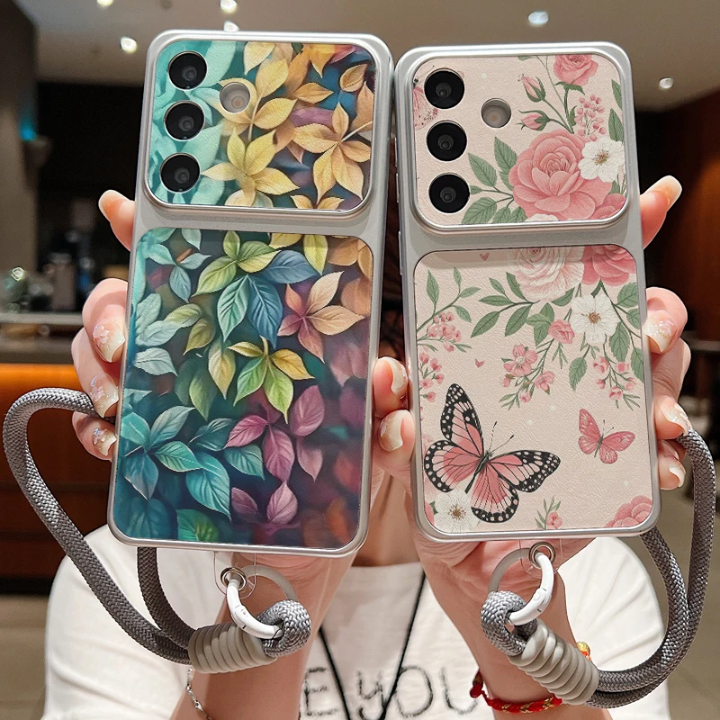 Lanyard Phone Case For Samsung S26 S25 Ultra S24 S23 FE A57 A17 A16 A26 A36 A37 A56 5G Leopard Floral Pattern Leather TPU Cover