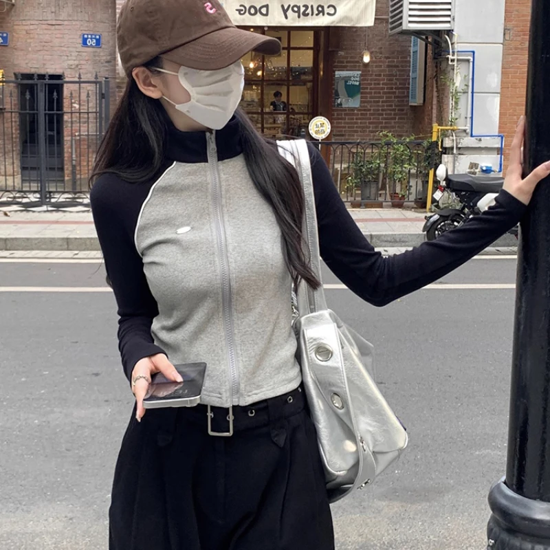 Sweatshirts Women Panelled Ins Korean Fashion Slim Fit Zipper All-match Streetwear Autumn Cropped Simple Harajuku Outerwears