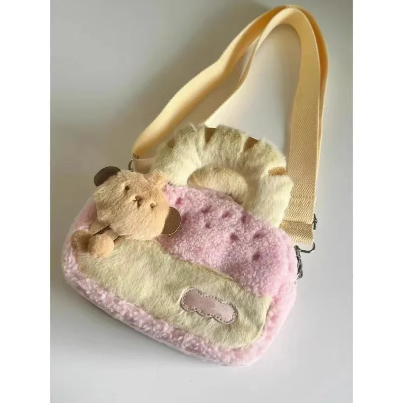 2024 Autumn Winter Cute Plush Handbag New Small Patchwork Color Earpod Cellphone Storage Bag Stylish Ladies Makeup Shoulder Bags