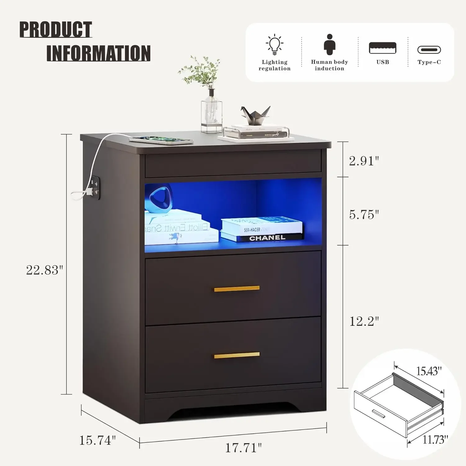 Night Stand with Gun Drawer, Charging Bedside Table with USB & Type-C Port, LED Nightstand with Human Sensor Light, Modern End